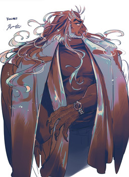 anthro beard clock clothing coat_over_shoulders facial_hair hair long_hair male muscular solo sweater topwear turtleneck watch wavy_hair wristwatch fuyoudo624 lifewonders tokyo_afterschool_summoners simurgh_(tas) avian bird hi_res restricted_palette