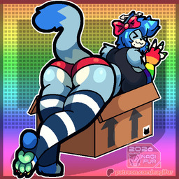 anthro big_breasts big_butt blue_body blue_hair bow_ribbon box breasts butt clothed clothing container feet female hair legwear looking_at_viewer paws pixelated simple_background smile solo stuck tail text thick_thighs thigh_highs topwear wave nagifur rufigan_(nagifur) 1:1 animated digital_media_(artwork) english_text pixel_(artwork) pixel_animation