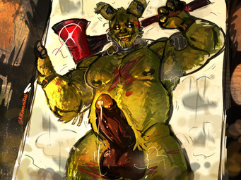 anthro armpit_hair axe black_sclera bodily_fluids body_hair chest_scar cum doorframe erection eye_scar facial_scar genital_fluids genitals green_body hand_behind_head hand_on_doorframe holding_object holding_weapon leaking_cum looking_at_viewer machine male musclegut muscular musk musk_clouds nipples penis pubes pupils scar slightly_chubby smile solo weapon white_pupils wire ezi_zeke kikiamnikiely five_nights_at_freddy's five_nights_at_freddy's_3 scottgames springtrap_(fnaf) animatronic humanoid lagomorph leporid mammal rabbit robot 4:3 absurd_res hi_res