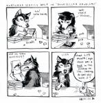 2016 4koma absurd_res anne_barnetson base_two_layout black_nose book canid canine canis comic customer_service_wolf dialogue duo english_text exclamation_point feral four_frame_image grid_layout hi_res lagomorph leporid mammal onomatopoeia question_mark rabbit snout solo_focus sound_effects speech_bubble text traditional_media_(artwork) two_row_layout wolf