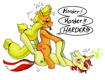 blonde_hair blush cowgirl_position cutie_mark drunk duo female female_on_top female_penetrated feral freckles from_front_position green_eyes hair happy happy_sex horn male male/female male_on_bottom male_penetrating male_penetrating_female on_bottom on_top penetration sex simple_background smile straddling substance_intoxication tail text white_background susiebeeca friendship_is_magic hasbro my_little_pony mythology applejack_(mlp) flim_(mlp) earth_pony equid equine horse mammal mythological_creature mythological_equine pony unicorn 2012 english_text