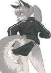 anthro black_nose bottomwear butt butt_focus clothing eyelashes female fluffy fluffy_tail fur grey_body grey_fur grey_hair hair hoodie hotpants looking_at_viewer looking_back looking_back_at_viewer pointy_ears ponytail prick_ears pulling_down_pants rear_view shorts simple_background solo standing tail topwear white_background untitled_a0i canid canine canis mammal wolf absurd_res digital_media_(artwork) hi_res sketch