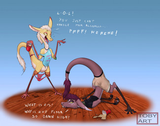 alcohol ambiguous_gender beverage bubble clothed clothing dialogue drunk drunk_bubble duo ear_piercing facial_piercing female nose_piercing panties panties_down partially_clothed piercing substance_intoxication text underwear underwear_down toby_art out-of-placers mammal yinglet english_text