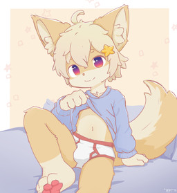 4_fingers accessory anthro bangs barefoot blue_clothing blue_sweater blue_topwear border briefs clothed clothing clothing_lift feet fingers hair hair_accessory hair_between_eyes hairpin happy looking_at_viewer male navel pawpads paws sitting solo sweater sweater_lift toes topwear underwear white_border white_briefs white_clothing white_underwear young young_anthro young_male kirlecore kirle canid canine fox mammal 2024 absurd_res hi_res
