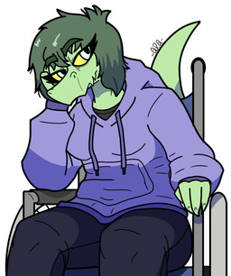 4_fingers anthro clothing disability eyelashes female fingers green_body green_hair green_scales grey_eyes hair hoodie long_tail paraplegic scales short_hair simple_background sitting snout solo tail text topwear vehicle wheelchair white_background yellow_sclera germ_d._gator cavemanon_studios i_wani_hug_that_gator olivia_halford baryonyx dinosaur prehistoric_species reptile scalie spinosaurid theropod 2024 absurd_res artist_name digital_drawing_(artwork) digital_media_(artwork) hi_res watermark