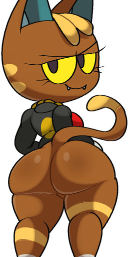 anthro big_butt big_sister_villager bottomless brown_body butt clothed clothing fangs female fur gold_(metal) gold_jewelry hair jacket jewelry looking_at_viewer looking_back simple_background smile solo teeth thick_thighs topwear white_background vilepluff animal_crossing nintendo katt_(animal_crossing) domestic_cat felid feline felis mammal digital_media_(artwork) hi_res