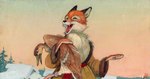1955 20th_century ambiguous_gender anatid ancient_art anseriform anthro avian bird canid canine carrying_another chest_tuft clothed clothing duck duo feathered_wings feathers feral fox fur handpaw mammal open_mouth orange_body orange_fur outside paws pyotr_repkin red_fox sky tongue traditional_media_(artwork) true_fox tuft white_body white_fur wings