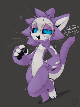 anthro biped eyewear fur glasses kemono male nude_anthro nude_male purple_body purple_fur slim_anthro slim_male solo speech_bubble talking_to_viewer text wearing_glasses white_body white_fur presto_(artist) presto_(character) domestic_cat felid feline felis mammal 2023 absurd_res english_text hi_res