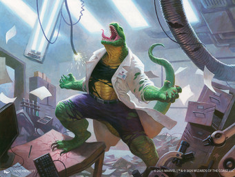 anthro belt bottomwear claws clothing coat computer_keyboard computer_monitor destruction electricity furniture green_body green_scales implied_transformation inside lab_coat laboratory laboratory_equipment lamp looking_up male microscope open_mouth pants scales scientific_instrument sharp_teeth shirt solo spread_arms standing table teeth text tongue tongue_out topwear torn_clothing wire steve_prescott hasbro magic:_the_gathering marvel spider-man_(series) wizards_of_the_coast the_lizard_(marvel) lizard reptile scalie 2025 4:3 english_text official_art