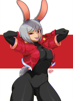 big_breasts bodysuit breasts brown_eyes clothing eyebrows female grey_hair hair jacket long_ears looking_at_viewer open_mouth open_smile raised_arms scut_tail short_hair short_tail skinsuit smile solo standing tail teeth text thick_thighs tight_clothing tongue topwear tovio_rogers animal_humanoid humanoid lagomorph lagomorph_humanoid leporid_humanoid mammal mammal_humanoid rabbit_humanoid 2026 artist_name hi_res signature