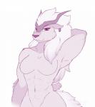 abs anthro biceps breasts ear_piercing ear_ring featureless_breasts female fur looking_at_viewer multicolored_body multicolored_fur muscular muscular_anthro muscular_female nude piercing ring_piercing simple_background smile solo white_background dsixzey bovid bovine felid feline hybrid mammal 2019 monochrome