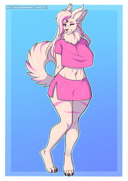 anthro black_claws bottomwear claws clothed clothed_anthro clothed_female clothing crop_top diamond_(gem) digitigrade eyeliner female female_anthro forehead_gem fur gem hair highlights_(coloring) horn looking_at_viewer makeup mane multicolored_body multicolored_fur navel neck_tuft one_eye_closed pink_body pink_bottomwear pink_clothing pink_crop_top pink_eyeliner pink_fur pink_highlights pink_shirt pink_shorts pink_topwear raised_tail shirt shorts solo standing striped_body striped_fur stripes tail text toe_claws topwear tuft two_tone_body two_tone_fur white_body white_fur white_hair white_horn white_tail wink winking_at_viewer kitsunewaffles-chan mythology kiri_fuyu canid canine canis dragon felid hybrid lion mammal mythological_creature mythological_scalie pantherine scalie wolf 2021 artist_name dated hi_res shaded intersex_(lore)