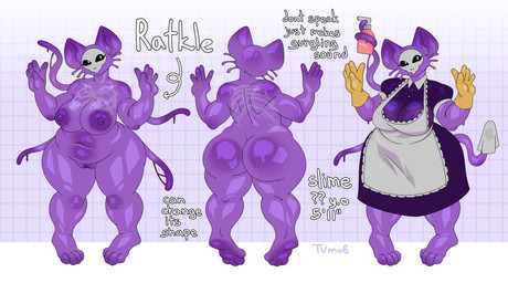 anthro belly big_belly big_butt bone bone_mask bubble_butt butt clothing female genitals glowing glowing_eyes huge_butt maid_uniform mask nipples overweight purple_body rear_view skull skull_mask slightly_chubby slime solo tentacles text thick_thighs uniform vulva wide_hips tvmob ratkle_(tvmob) goo_creature model_sheet