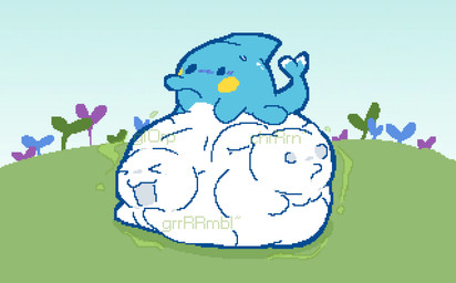 abdominal_bulge ambiguous_gender ambiguous_pred belly belly_bed belly_on_ground big_belly biped blue_body blush blush_lines bodily_fluids cheek_blush cheek_spots churn clenched_eyes closed_frown countershade_body day digestion_noises empty_eyes eyes_closed face_imprint featureless_arms featureless_legs fin frown fully_inside glorp green_text hand_imprint huge_belly hyper hyper_belly imprint lying lying_on_ground motion_lines mouth_closed multicolored_body multiple_prey nose_blush nude_ambiguous on_front on_ground outside resting_on_belly rumbling_stomach same_size_vore side_view simple_background soft_vore solo sound_effects sweat sweatdrop tail tail_fin text unseen_prey vore vowelless vowelless_sound_effect white_body yellow_cheeks meatcanister tamagotchi horhotchi irukatchi meowtchi tamagotchi_(species) waddling_head 2026 digital_media_(artwork) english_description full-length_portrait hi_res pixel_(artwork) portrait male_(lore)