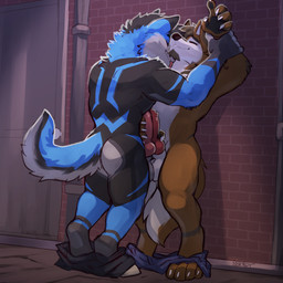 against_surface animal_genitalia animal_penis anthro arm_grab balls black_body black_fur bottomwear bottomwear_down brown_body brown_fur brown_hair canine_genitalia canine_penis clothed clothing duo eyes_closed feet frottage fur genitals grey_body grey_fur hair knot licking male male/male male_anthro markings neck_lick pants pants_down partially_clothed penile penis penises_touching pink_penis red_penis sex striped_body striped_fur striped_markings stripes tongue white_body white_fur seibear lucas_(floofwulfl) slate_(thecomposingwolf) canid canine canis mammal wolf 1:1 2023 hi_res
