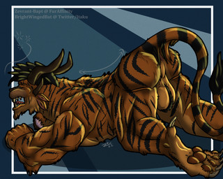 1_missing_limb 4_ears abstract_background all_fours amputee anthro anus ass_up back_muscles ball_tuft ballhawk balls biceps black_hair butt claws disability eyes_closed fangs feet fur genitals hair horn male missing_hand multi_ear muscular muscular_anthro muscular_male nude open_mouth orange_body orange_fur pawpads raised_tail rear_view single_amputee solo spiky_hair stretching stripes tail tail_anus tail_tuft teeth text toe_claws toes tongue triceps tuft yawn zevrant_bapt_(artist) guild_wars marcus_furyclash charr felid mammal 2022 5:4 digital_drawing_(artwork) digital_media_(artwork) hi_res signature url
