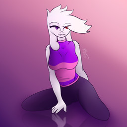 anthro bottomwear breasts clothed clothing eye_through_hair female fur hair heterochromia kneeling looking_at_viewer pants purple_eyes red_eyes reflection shirt simple_background smile topwear translucent translucent_hair white_body white_fur moonkarpo kara bovid caprine goat mammal 1:1 hi_res signature