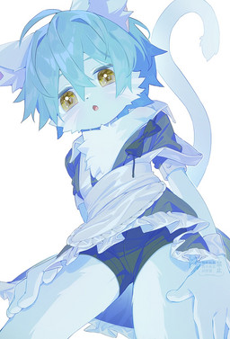anthro biped blue_body blue_fur blue_hair clothing female fur hair looking_at_viewer maid_uniform solo uniform white_body white_fur yellow_eyes softkonkon domestic_cat felid feline felis mammal 2026