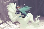 anthro blue_body blue_eyes blue_fur breasts cuddling duo female fur horn insect_wings male outside plant romantic romantic_ambiance romantic_couple size_difference snow tail tree white_body white_fur wings wood lingrimm kejta canid canine canis mammal wolf