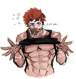 abs anthro black_clothing black_shirt black_tank_top black_topwear blush bodily_fluids cigarette cigarette_in_mouth clothed clothing clothing_lift dialogue embarrassed fingers front_view hair humanoid_hands looking_aside male markings muscular muscular_anthro muscular_male navel non-mammal_navel object_in_mouth open_mouth pink_body purple_eyes red_hair shirt shirt_lift short_hair shy solo striped_markings stripes sweat sweatdrop talking_to_viewer tank_top text topwear dustinn_draws goodbye_volcano_high ko_op_(game_developer) reed_(gvh) dinosaur dromaeosaurid prehistoric_species reptile saurischian scalie theropod velociraptor colored english_text half-length_portrait low_res portrait shaded