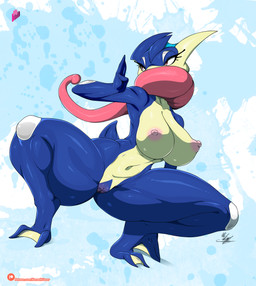 anthro areola big_breasts blue_background blue_body breasts crouching eyelashes feet female female_anthro front_view genitals long_tongue membrane_(anatomy) navel nipples nude pink_areola pink_nipples pseudo_clothing pseudo_scarf red_eyes simple_background solo spread_legs spreading thick_thighs toes tongue tongue_scarf vulva webbed_feet webbed_hands white_background wide_hips yellow_body hiliwd nintendo pokemon generation_6_pokemon greninja pokemon_(species) absurd_res hi_res