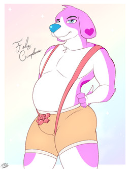 birthday blue_nose bulge clothing front_view fur hands_on_hips male pink_body pink_fur smile smiling_at_viewer solo text underwear brick_break_after_dark beagle canid canine canis domestic_dog hunting_dog mammal scent_hound absurd_res hi_res spanish_text