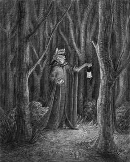 ambiguous_gender anthro clothing digitigrade forest hair lamp lantern plant robe solo tree faellin canid canine canis mammal wolf greyscale monochrome