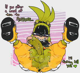 anthro anus balls big_balls big_penis black_body bodily_fluids bottomwear butt clothed clothing death_threat dialogue drooling ear_piercing ear_ring embarrassed footwear foreskin genitals glare green_body green_hair gynomorph hair hand_on_butt hand_on_own_butt heart_after_text intersex legs_up looking_at_viewer multicolored_body no_underwear pants penis piercing profanity purple_eyes ring_piercing saliva sharp_teeth shoes simple_background smile smiling_at_viewer solo spread_legs spreading sweat talking_to_viewer tan_body teeth text torn_bottomwear torn_clothing torn_pants wardrobe_malfunction latchk3y idw_publishing sega sonic_the_hedgehog_(comics) sonic_the_hedgehog_(idw) sonic_the_hedgehog_(series) surge_the_tenrec afrosoricid mammal tenrec 2026 english_text hi_res