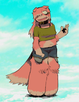 5_fingers accessory anthro bangs biped blue_background bottomwear bra_strap claws clothing collar daisy_dukes denim denim_bottomwear denim_clothing denim_shorts female fingers fur hair_accessory hairclip hand_in_pocket hotpants midriff open_mouth pink_body pink_fur pockets shirt shorts simple_background sky smile solo standing t-shirt topwear shockpine canid canine canis domestic_dog mammal hi_res