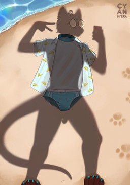 anthro beach bottomwear clothing collar discarded_clothing eyewear feet glasses implied_nudity male mostly_offscreen_character outdoor_nudity outside penis_silhouette public public_nudity round_glasses sand shadow shirt solo standing swimwear topwear underwear water cyanpyrra dressed_shadow cyan_pyrra mammal murid murine rat rodent absurd_res hi_res