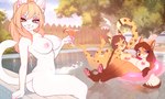 anthro big_breasts breasts female fur group holding_glass holding_object inflatable inner_tube markings multicolored_body multicolored_fur nipples nude nude_female pawpads paws pool spots spotted_body spotted_fur sunny trio vanessa_(furlough_games) white_body white_fur iskra furlough_games alisa_(iskra) helga_(iskra) canid canine domestic_cat felid feline felis fox leopard mammal pantherine hi_res