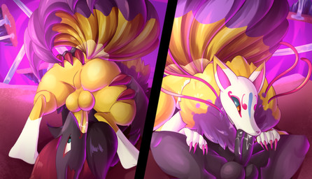 69_position 9_tails anthro anus balls black_body black_fur blue_eyes blue_markings blue_sclera bodily_fluids butt butt_grab colored_nails digitigrade dipstick_ears dipstick_tail distortion_world duo ear_markings erection fur genitals hair hand_on_butt humanoid_genitalia humanoid_penis leg_grab long_hair male male/male mane markings multi_tail multicolored_body multicolored_ears multicolored_fur nails neck_tuft oral penis perineum purple_markings red_markings saliva saliva_on_penis sex spread_legs spreading tail tail_markings thick_thighs tuft waterfall yellow_body yellow_eyes yellow_fur earthb-kun asian_mythology east_asian_mythology japanese_mythology level-5 mythology nintendo pokemon yo-kai_watch kyubi_(yo-kai_watch) canid canine fox fox_spirit generation_5_pokemon mammal pokemon_(species) spirit yokai zoroark absurd_res hi_res