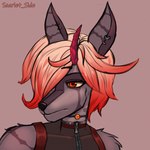 anthro choker clothed clothing ear_piercing fur hair horn jewelry male medium_hair necklace one_eye_visible piercing pink_hair red_eyes red_hair ring_piercing simple_background solo scarlet_side fan_character canid canine mammal 1:1 2024 digital_media_(artwork) hi_res