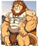 abs anthro bottomwear bracelet clothed clothing detailed_background ear_piercing ear_ring eyebrow_scar eyebrows facial_scar jewelry loincloth male muscular muscular_anthro muscular_male navel necklace nipples pecs piercing ring_piercing scar smile smirk solo tattoo darknaigart felid lion mammal pantherine 2024 hi_res