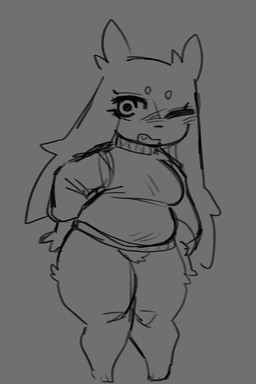 anthro barefoot black_nose bottomless bottomless_anthro bottomless_female circle_eyebrows clothed clothing crotch_tuft eyebrows eyelashes facial_scar feet female female_anthro floppy_ears grey_background hands_on_hips hands_on_own_hips leg_tuft long_ears lop_ears open_mouth scar simple_background solo standing sweater sweater_only thick_thighs thigh_tuft topwear topwear_only tuft wide_hipped_anthro wide_hipped_female wide_hips x_scar moogers cave_story sue_sakamoto lagomorph mammal mimiga 2025 digital_drawing_(artwork) digital_media_(artwork) hi_res