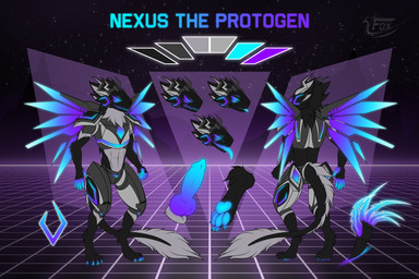 4_eyes anthro black_body black_fur blue_eyes claws detailed_background emblem fluffy fur genitals glowing grey_body horn knot machine male metal mountain multi_eye neon palette pawpads paws penis solo space star synthwave tail tongue white_body white_fur wings foxtheskrinn nexus_the_proto protogen 3:2 absurd_res hi_res model_sheet watermark