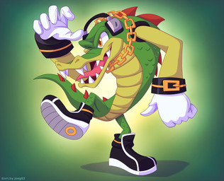 anthro back_spikes bluesky_handle buckle chain clothing countershade_arms countershade_face countershade_torso countershading electronics footwear gloves gold_(metal) gold_chain green_body handwear headphones male open_mouth open_smile sharp_teeth shoes smile snout solo spikes spikes_(anatomy) teeth tongue yellow_eyes art.by.joeg02 sega sonic_the_hedgehog_(series) vector_the_crocodile crocodile crocodilian reptile scalie hi_res