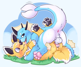 anal anal_penetration animal_genitalia balls blue_body blush bodily_fluids cum duo erection feral fur genital_fluids genitals male male/male male_penetrated male_penetrating male_penetrating_male open_mouth penetration penis sex simple_background tail tongue white_body white_fur yellow_body yellow_fur coille conditional_dnp nintendo pokemon canid canine eeveelution generation_1_pokemon jolteon mammal pokemon_(species) vaporeon absurd_res digital_media_(artwork) hi_res