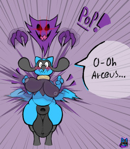 ambiguous_gender animal_genitalia anthro balls big_balls blush breasts dialogue duo floating_hands genitals gynomorph gynomorph/ambiguous intersex intersex/ambiguous onomatopoeia questionable_consent sheath sound_effects tail tail_motion tailwag text snowcario_(artist) nintendo pokemon generation_1_pokemon generation_4_pokemon ghost haunter pokemon_(species) riolu spirit english_text hi_res