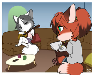 acoustic_guitar anthro barefoot blue_bottomwear blue_clothing blue_shorts bottomwear brown_highlights cheek_tuft chibi clothed clothing container cup dipstick_ears dipstick_hair dipstick_tail duo ear_markings eyes_closed eyewear facial_tuft feet female fully_clothed fur furniture glasses gloves_(marking) green_eyes grey_body grey_fur grey_hair guitar hair highlights_(coloring) inside leg_markings long_hair markings mug multicolored_ears musical_instrument notebook on_sofa pawpads pencil_(object) pillow pink_clothing pink_shirt pink_tank_top pink_topwear playing_guitar playing_music plucked_string_instrument ponytail purple_bottomwear purple_clothing purple_shorts red_body red_fur red_hair shirt shorts sitting socks_(marking) sofa string_instrument table tail tail_markings tank_top topwear tuft white_body white_clothing white_fur white_shirt white_topwear foxboy83 tootaloo vixen_logic marble_(vixen_logic) red_(vixen_logic) canid canine fox mammal marble_fox red_fox true_fox 5:4 colored digital_media_(artwork) flat_colors hi_res