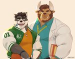 anthro ball basketball_(ball) beard book clothing duo eyewear facial_hair glasses horn jacket letterman_jacket male male/male topwear imato bovid bovine canid canine canis cattle domestic_dog mammal absurd_res hi_res