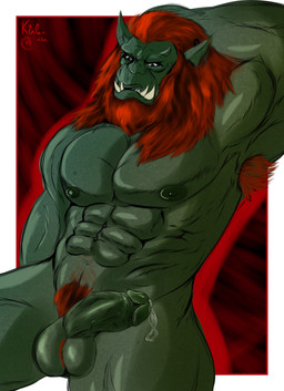 abs armpit_hair athletic balls barazoku beard biceps bodily_fluids body_hair ear_piercing erection facial_hair genital_fluids genitals green_body green_skin hair humanoid_genitalia humanoid_penis humanoid_pointy_ears male muscular muscular_male nipples not_furry nude pecs penis piercing pointy_ears precum pubes red_hair simple_background solo tusks grungotharts humanoid mammal orc 2019 absurd_res hi_res