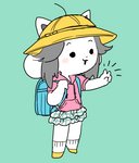 anthro backpack bottomwear clothed clothing fully_clothed gesture hair hand_gesture hat headgear headwear jacket randoseru skirt solo topwear v_sign white_body ikutasemi undertale undertale_(series) temmie_(undertale) mammal tem