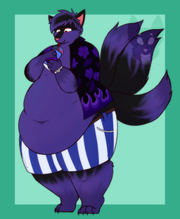 3_tails anthro belly belly_overhang belt beverage big_belly biped black_body black_ears black_fur black_hair black_tail blue_bottomwear blue_clothing blue_shorts blue_stripes bottomwear bracelet brown_belt clothed clothing countershade_face countershade_fur countershade_torso countershading dipstick_tail drinking floral_print fur gloves_(marking) hair holding_beverage holding_object jewelry leg_markings looking_down male male_anthro markings multi_tail navel obese obese_anthro obese_male open_clothing open_shirt open_topwear overweight overweight_anthro overweight_male pattern_bottomwear pattern_clothing pattern_shorts pink_inner_ear pink_nose pockets pointy_ears prick_ears purple_body purple_countershading purple_fur purple_hair red_eyes shirt shorts slushie socks_(marking) solo striped_bottomwear striped_clothing striped_shorts stripes tail tail_markings topwear white_bottomwear white_clothing white_shorts white_stripes strawberrymilkdog inari_(frenchiekrueger) canid canine fox fox_spirit mammal 2023 hi_res watermark