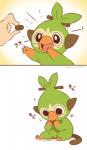 ambiguous_gender black_eyes duo eating feral fur green_body green_fur happy simple_background sitting solo_focus seiryuuden nintendo pokemon generation_8_pokemon grookey mammal pokemon_(species) primate 2019 signature