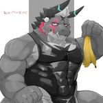 anthro banana banana_peel clothing food fruit grey_body grin hair horn leotard male muscular muscular_anthro muscular_male plant smile solo text white_hair kannepaz lifewonders live_a_hero mythology giansar dragon mythological_creature mythological_scalie scalie 1:1 absurd_res hi_res japanese_text