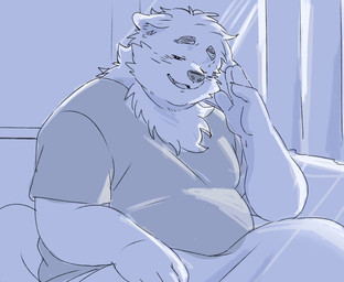 anthro bedding belly blanket clothing kemono male one_eye_closed overweight overweight_male shirt sitting solo tired topwear inunoshippo canid canine canis domestic_dog mammal 2025 hi_res