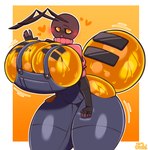 antennae_(anatomy) anthro barely_contained barely_contained_breasts big_breasts blue_clothing blue_overalls blush bodily_fluids breasts brown_body clothing female fur glistening glistening_body glistening_clothing half-closed_eyes huge_breasts huge_hips hyper hyper_breasts looking_at_viewer narrowed_eyes open_mouth orange_body orange_eyes orange_fur overalls overalls_only smile solo standing sweat tail thick_thighs wide_hips forsakenedbread ant arthropod honeypot_ant hymenopteran insect absurd_res hi_res