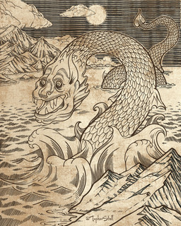 ambiguous_gender cloud fangs feral front_view full_moon looking_aside moon mountain night open_mouth outside partially_submerged scales serpentine sky solo tail teeth text twitter_handle water christopher_stoll serpentine_dragon 2022 4:5 artist_name digital_drawing_(artwork) digital_media_(artwork) hi_res monochrome sepia