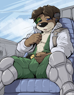 anthro blue_chair blue_ear_piercing blue_eyes brown_body brown_fur brown_hair bulge clothing cloud cockpit fur green_clothing hair looking_at_viewer male open_suit pilot sitting sky smile smiling_at_viewer solo tan_body tan_fur tongue undressing_self whiskers white_clothing pandottermon toma_(pandottermon) mammal mustelid otter 2026 colored hi_res